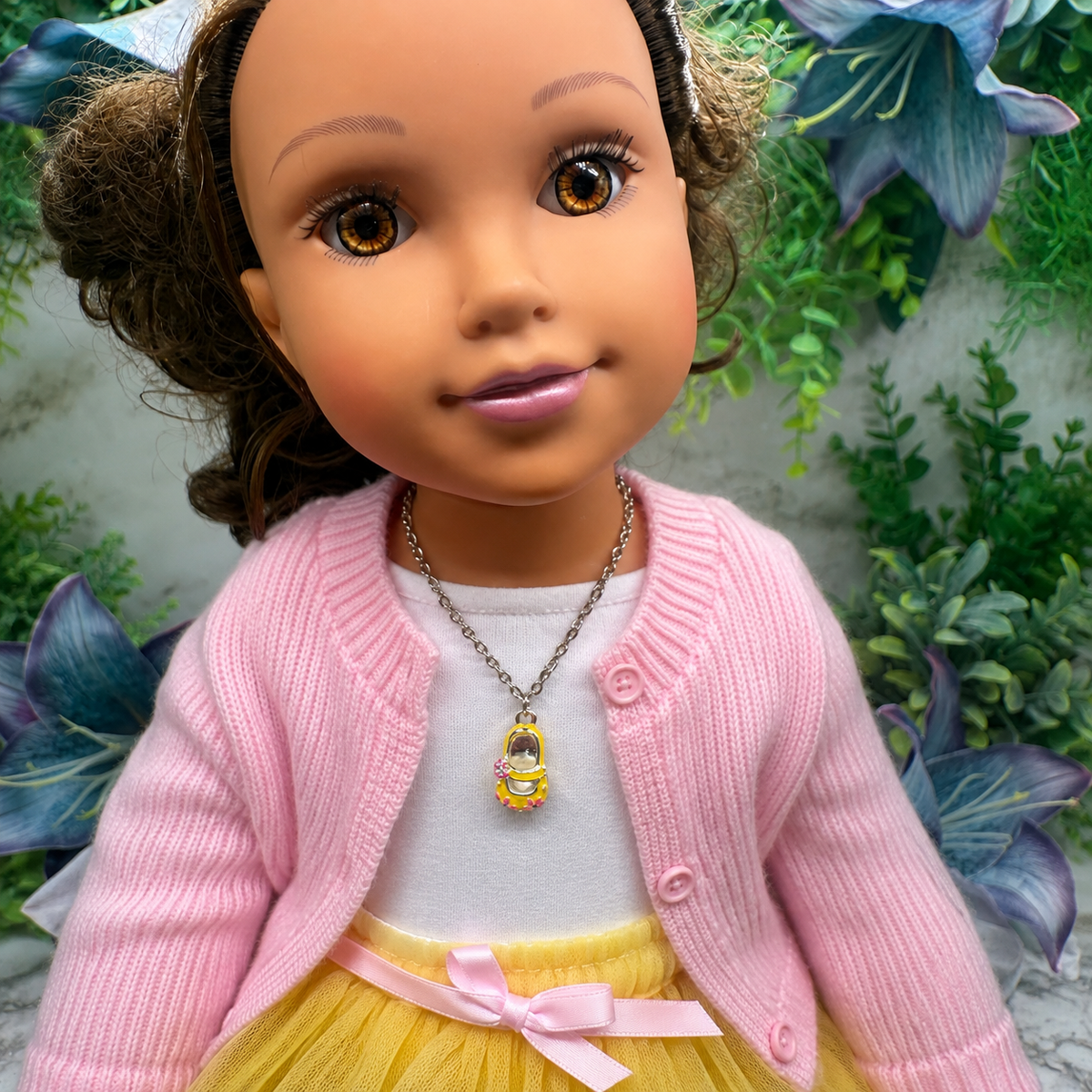 Yellow Marie Jane Shoe Charm w/ Pink Flowers Doll Necklace • necklace measures 6.5 inches long • necklace shown on 18" Journey Girls doll