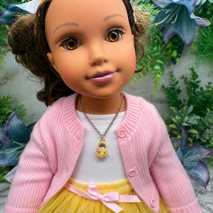Yellow Marie Jane Shoe Charm w/ Pink Flowers Doll Necklace • necklace measures 6.5 inches long • necklace shown on 18" Journey Girls doll