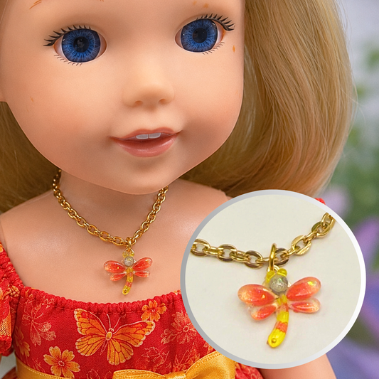 Handmade Doll Jewelry Designed to Fit popular 14 Inch Fashion Dolls: add a stylish touch to your favorite doll! Yellow Orange Dragonfly Charm Gold Chain Doll Necklace - Measurements: necklace measures 4 inches long