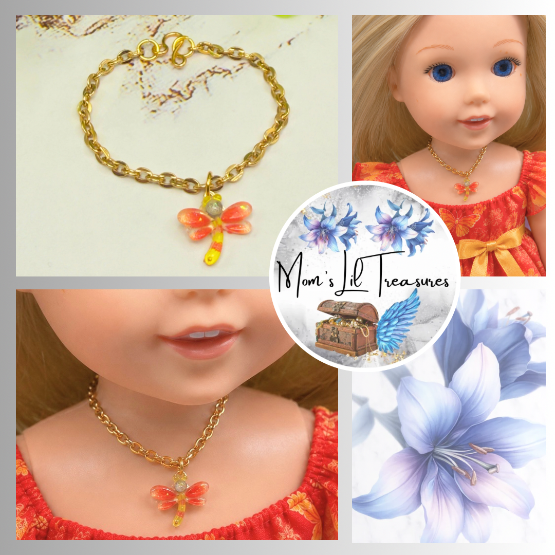 Handmade Doll Jewelry Designed to Fit popular 14 Inch Fashion Dolls: add a stylish touch to your favorite doll! Yellow Orange Dragonfly Charm Gold Chain Doll Necklace - Measurements: necklace measures 4 inches long