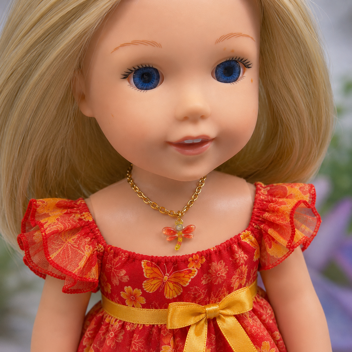 Handmade Doll Jewelry Designed to Fit popular 14 Inch Fashion Dolls: add a stylish touch to your favorite doll! Yellow Orange Dragonfly Charm Gold Chain Doll Necklace - Measurements: necklace measures 4 inches long
