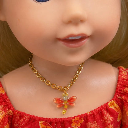 Handmade Doll Jewelry Designed to Fit popular 14 Inch Fashion Dolls: add a stylish touch to your favorite doll! Yellow Orange Dragonfly Charm Gold Chain Doll Necklace - Measurements: necklace measures 4 inches long