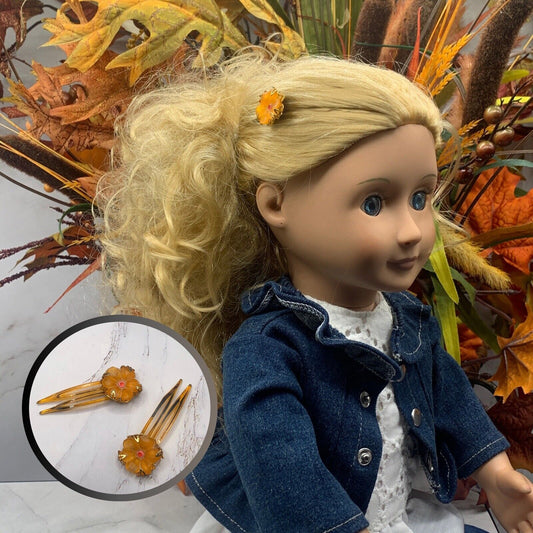 Handmade Doll Accessories Designed to Fit popular 14-18 inch Fashion Dolls: add a stylish touch to your favorite doll! Yellow Orange Peach Color Plastic Flower Design with red/orange rhinestone center accents and Gold Filigree design backing Doll Hair Combs.