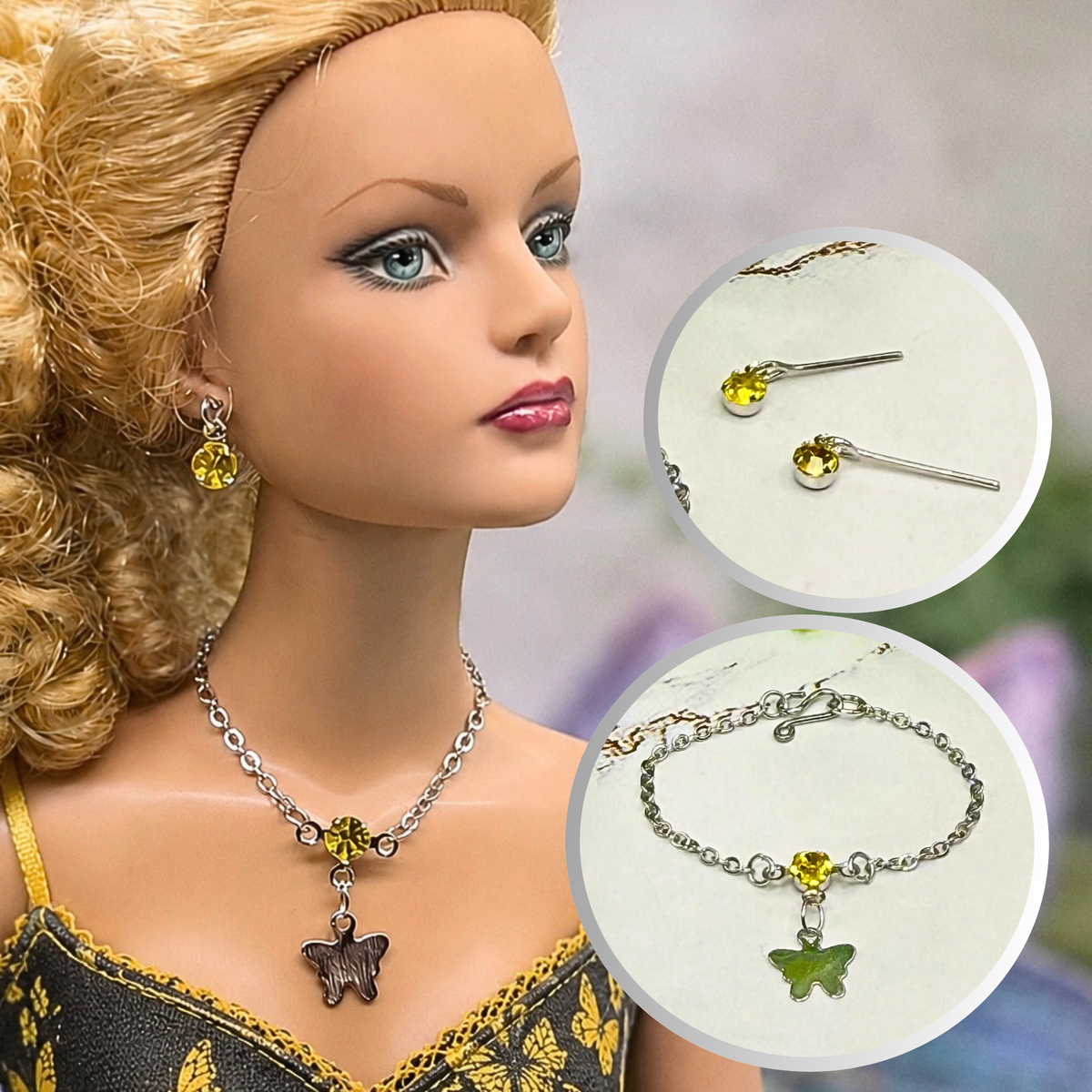 Yellow Rhinestone Silver Butterfly Charm Doll Necklace & Earrings Set • Necklace measures 3 3/4 inches long • Necklace and earrings shown on 16” Tonner - Sydney Chase “Envy” doll