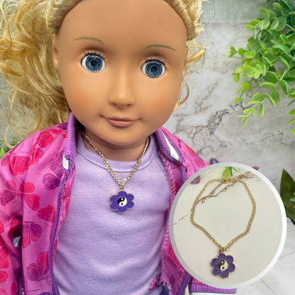 Yin-Yang Purple Flower Charm Gold Chain Doll Necklace. Necklace measures 7 inches long. Necklace shown on 18" Our Generation doll.