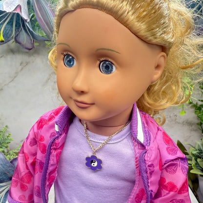 Yin-Yang Purple Flower Charm Gold Chain Doll Necklace. Necklace measures 7 inches long. Necklace shown on 18" Our Generation doll.