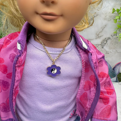 Yin-Yang Purple Flower Charm Gold Chain Doll Necklace. Necklace measures 7 inches long. Necklace shown on 18" Our Generation doll.